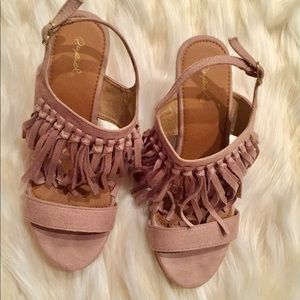 Fringe slingback cork platform wedge by Cupid